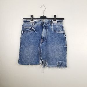 Zara Denimwear Asymmetrical Distressed Jean Skirt